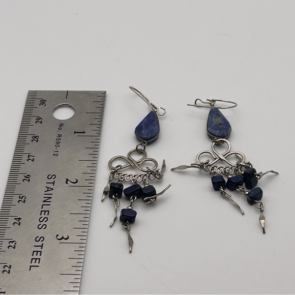 Boho Genuine Blue Stone Long Dangle Tassel Earrings Silver Tone Layered Knotted - Picture 8 of 9